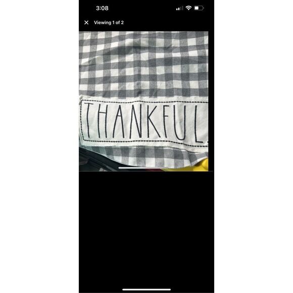 RAE DUNN EMBROIDERED MANTLE SCARF THANKFUL GRAY WHITE CHECK - Picture 1 of 3
